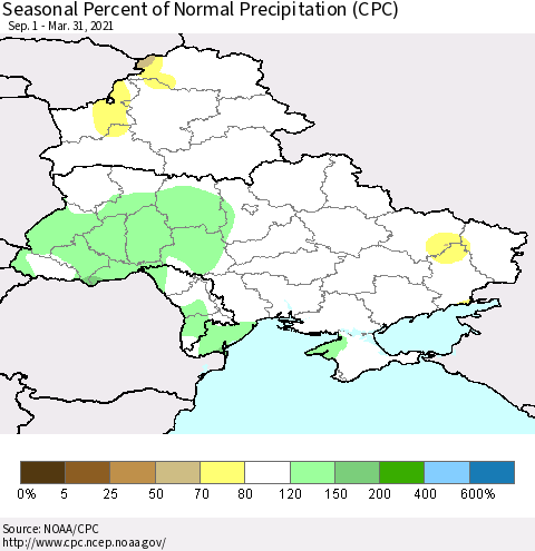 Ukraine, Moldova and Belarus Seasonal Percent of Normal Precipitation (CPC) Thematic Map For 9/1/2020 - 3/31/2021