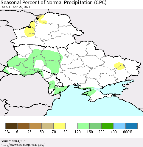 Ukraine, Moldova and Belarus Seasonal Percent of Normal Precipitation (CPC) Thematic Map For 9/1/2020 - 4/20/2021