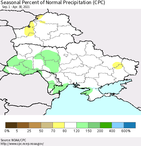 Ukraine, Moldova and Belarus Seasonal Percent of Normal Precipitation (CPC) Thematic Map For 9/1/2020 - 4/30/2021