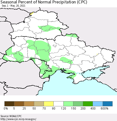 Ukraine, Moldova and Belarus Seasonal Percent of Normal Precipitation (CPC) Thematic Map For 9/1/2020 - 5/20/2021