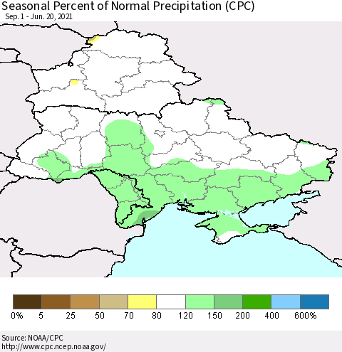 Ukraine, Moldova and Belarus Seasonal Percent of Normal Precipitation (CPC) Thematic Map For 9/1/2020 - 6/20/2021