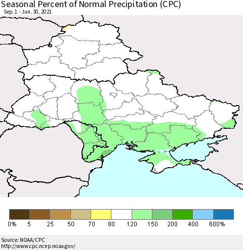 Ukraine, Moldova and Belarus Seasonal Percent of Normal Precipitation (CPC) Thematic Map For 9/1/2020 - 6/30/2021