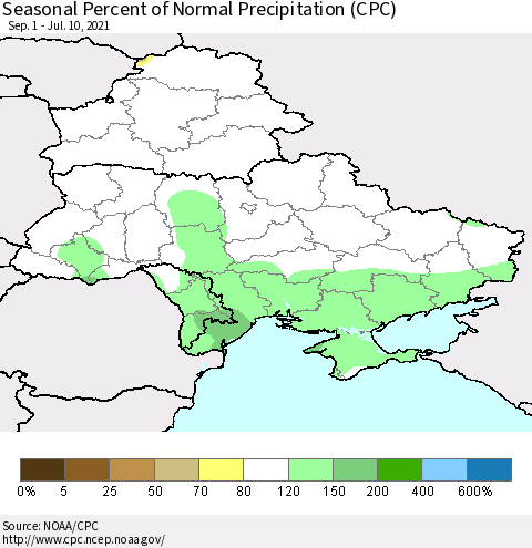 Ukraine, Moldova and Belarus Seasonal Percent of Normal Precipitation (CPC) Thematic Map For 9/1/2020 - 7/10/2021