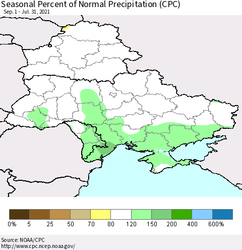 Ukraine, Moldova and Belarus Seasonal Percent of Normal Precipitation (CPC) Thematic Map For 9/1/2020 - 7/31/2021