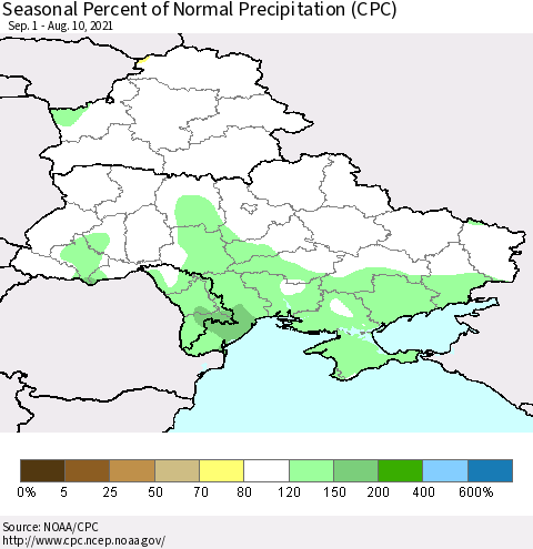 Ukraine, Moldova and Belarus Seasonal Percent of Normal Precipitation (CPC) Thematic Map For 9/1/2020 - 8/10/2021