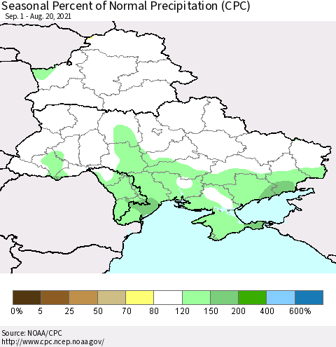 Ukraine, Moldova and Belarus Seasonal Percent of Normal Precipitation (CPC) Thematic Map For 9/1/2020 - 8/20/2021