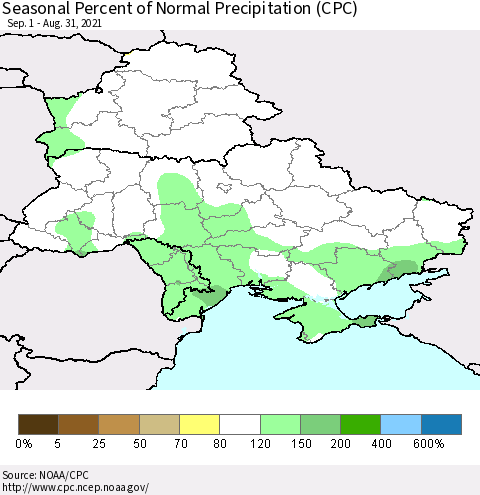 Ukraine, Moldova and Belarus Seasonal Percent of Normal Precipitation (CPC) Thematic Map For 9/1/2020 - 8/31/2021