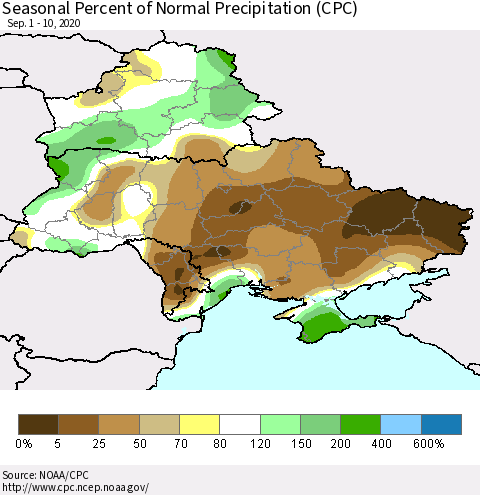Ukraine, Moldova and Belarus Seasonal Percent of Normal Precipitation (CPC) Thematic Map For 9/1/2020 - 9/10/2020