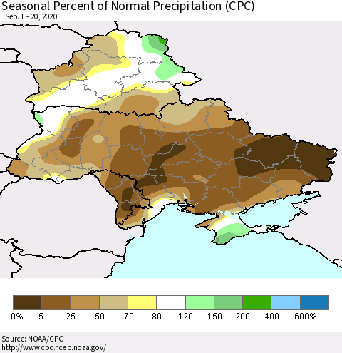 Ukraine, Moldova and Belarus Seasonal Percent of Normal Precipitation (CPC) Thematic Map For 9/1/2020 - 9/20/2020