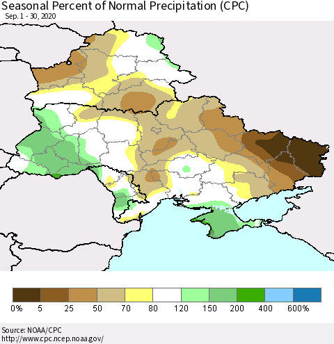 Ukraine, Moldova and Belarus Seasonal Percent of Normal Precipitation (CPC) Thematic Map For 9/1/2020 - 9/30/2020