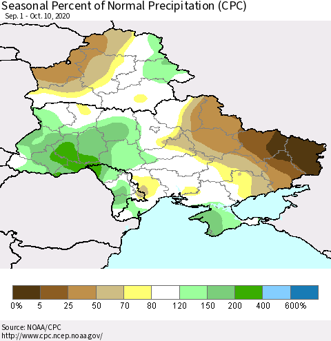 Ukraine, Moldova and Belarus Seasonal Percent of Normal Precipitation (CPC) Thematic Map For 9/1/2020 - 10/10/2020