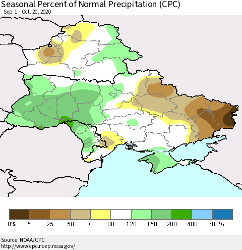 Ukraine, Moldova and Belarus Seasonal Percent of Normal Precipitation (CPC) Thematic Map For 9/1/2020 - 10/20/2020