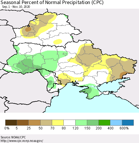Ukraine, Moldova and Belarus Seasonal Percent of Normal Precipitation (CPC) Thematic Map For 9/1/2020 - 11/10/2020