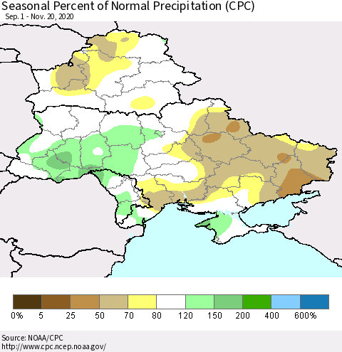 Ukraine, Moldova and Belarus Seasonal Percent of Normal Precipitation (CPC) Thematic Map For 9/1/2020 - 11/20/2020