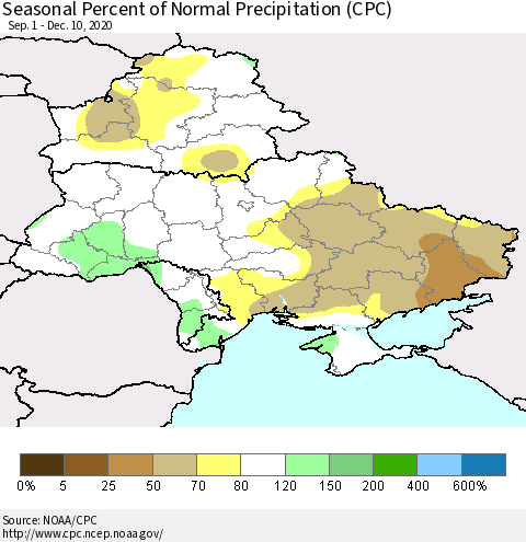 Ukraine, Moldova and Belarus Seasonal Percent of Normal Precipitation (CPC) Thematic Map For 9/1/2020 - 12/10/2020