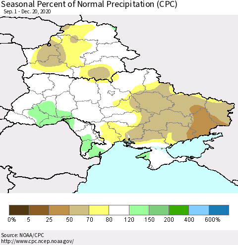 Ukraine, Moldova and Belarus Seasonal Percent of Normal Precipitation (CPC) Thematic Map For 9/1/2020 - 12/20/2020