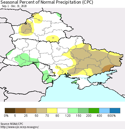 Ukraine, Moldova and Belarus Seasonal Percent of Normal Precipitation (CPC) Thematic Map For 9/1/2020 - 12/31/2020
