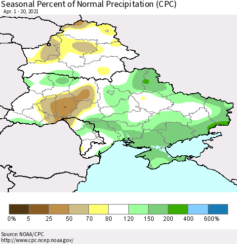 Ukraine, Moldova and Belarus Seasonal Percent of Normal Precipitation (CPC) Thematic Map For 4/1/2021 - 4/20/2021