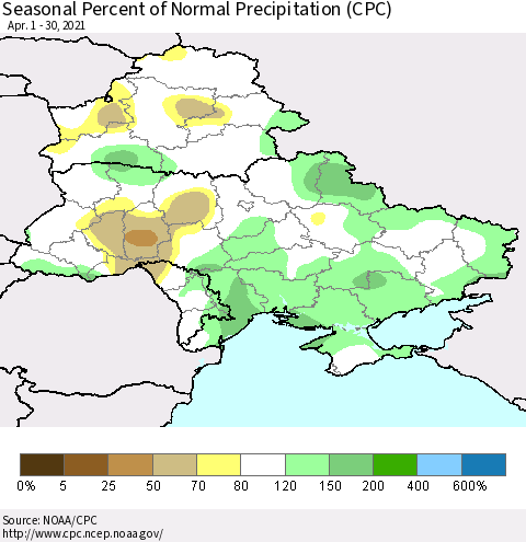 Ukraine, Moldova and Belarus Seasonal Percent of Normal Precipitation (CPC) Thematic Map For 4/1/2021 - 4/30/2021