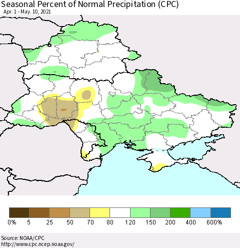 Ukraine, Moldova and Belarus Seasonal Percent of Normal Precipitation (CPC) Thematic Map For 4/1/2021 - 5/10/2021