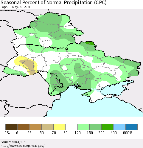Ukraine, Moldova and Belarus Seasonal Percent of Normal Precipitation (CPC) Thematic Map For 4/1/2021 - 5/20/2021