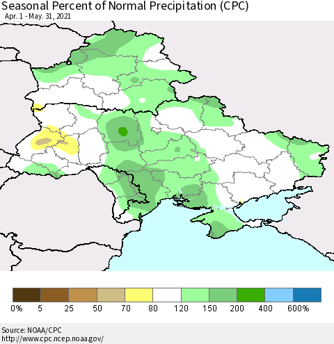 Ukraine, Moldova and Belarus Seasonal Percent of Normal Precipitation (CPC) Thematic Map For 4/1/2021 - 5/31/2021