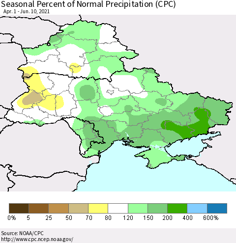 Ukraine, Moldova and Belarus Seasonal Percent of Normal Precipitation (CPC) Thematic Map For 4/1/2021 - 6/10/2021