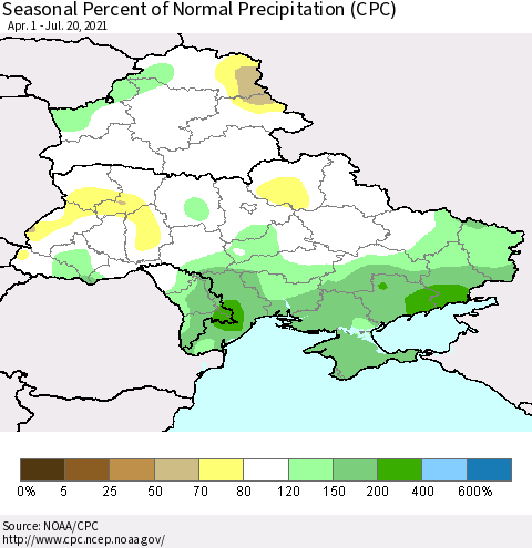 Ukraine, Moldova and Belarus Seasonal Percent of Normal Precipitation (CPC) Thematic Map For 4/1/2021 - 7/20/2021