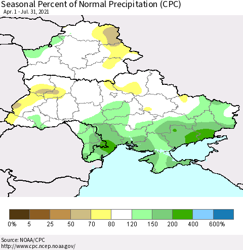 Ukraine, Moldova and Belarus Seasonal Percent of Normal Precipitation (CPC) Thematic Map For 4/1/2021 - 7/31/2021