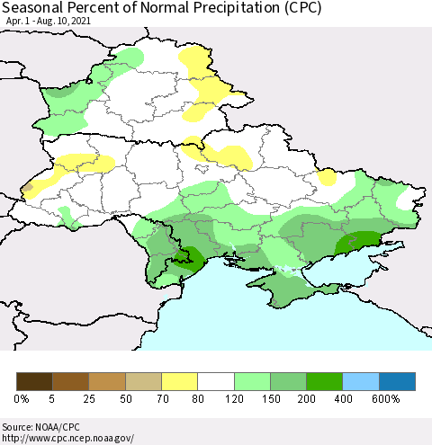 Ukraine, Moldova and Belarus Seasonal Percent of Normal Precipitation (CPC) Thematic Map For 4/1/2021 - 8/10/2021