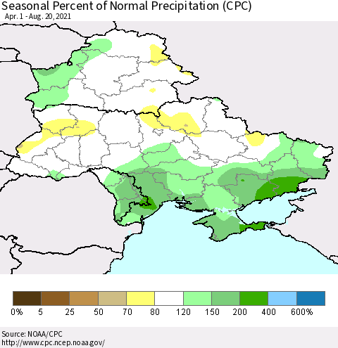 Ukraine, Moldova and Belarus Seasonal Percent of Normal Precipitation (CPC) Thematic Map For 4/1/2021 - 8/20/2021