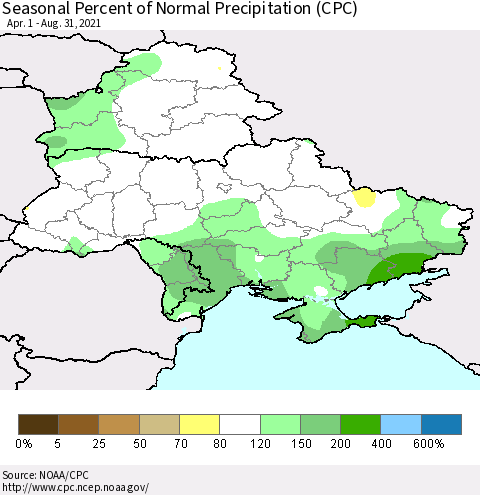 Ukraine, Moldova and Belarus Seasonal Percent of Normal Precipitation (CPC) Thematic Map For 4/1/2021 - 8/31/2021