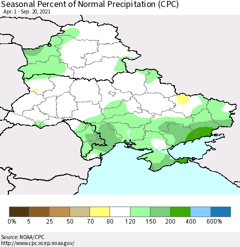 Ukraine, Moldova and Belarus Seasonal Percent of Normal Precipitation (CPC) Thematic Map For 4/1/2021 - 9/20/2021