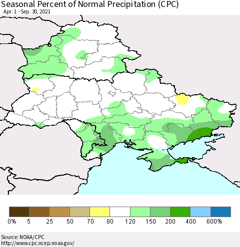 Ukraine, Moldova and Belarus Seasonal Percent of Normal Precipitation (CPC) Thematic Map For 4/1/2021 - 9/30/2021