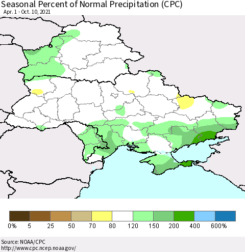 Ukraine, Moldova and Belarus Seasonal Percent of Normal Precipitation (CPC) Thematic Map For 4/1/2021 - 10/10/2021