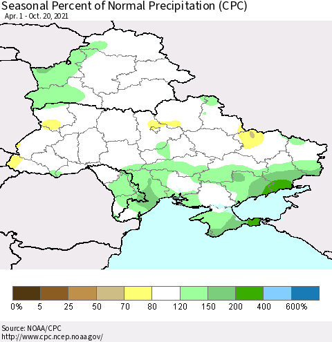 Ukraine, Moldova and Belarus Seasonal Percent of Normal Precipitation (CPC) Thematic Map For 4/1/2021 - 10/20/2021