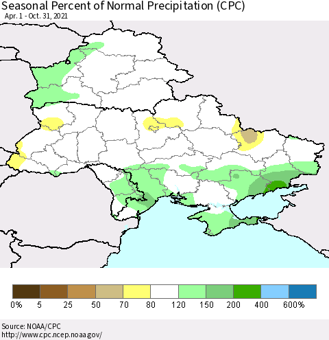 Ukraine, Moldova and Belarus Seasonal Percent of Normal Precipitation (CPC) Thematic Map For 4/1/2021 - 10/31/2021