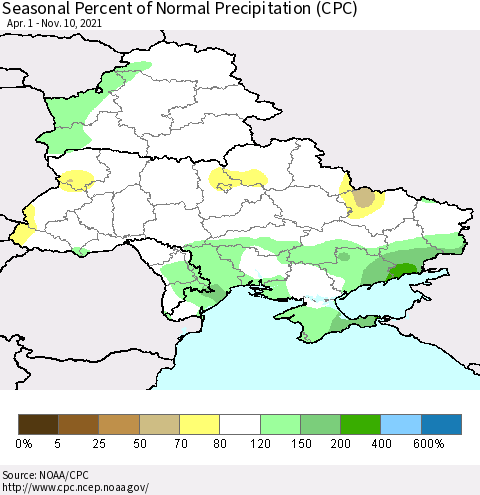 Ukraine, Moldova and Belarus Seasonal Percent of Normal Precipitation (CPC) Thematic Map For 4/1/2021 - 11/10/2021