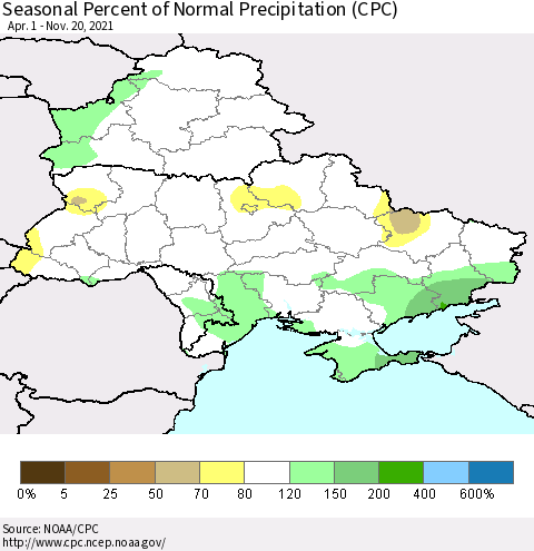 Ukraine, Moldova and Belarus Seasonal Percent of Normal Precipitation (CPC) Thematic Map For 4/1/2021 - 11/20/2021
