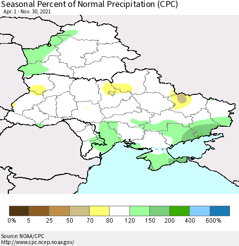 Ukraine, Moldova and Belarus Seasonal Percent of Normal Precipitation (CPC) Thematic Map For 4/1/2021 - 11/30/2021