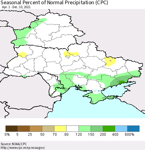 Ukraine, Moldova and Belarus Seasonal Percent of Normal Precipitation (CPC) Thematic Map For 4/1/2021 - 12/10/2021