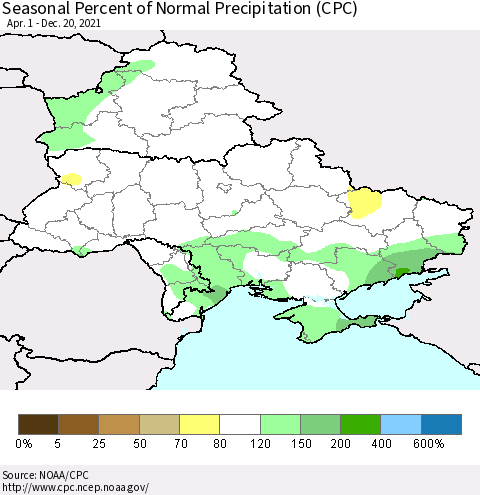 Ukraine, Moldova and Belarus Seasonal Percent of Normal Precipitation (CPC) Thematic Map For 4/1/2021 - 12/20/2021
