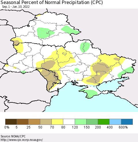Ukraine, Moldova and Belarus Seasonal Percent of Normal Precipitation (CPC) Thematic Map For 9/1/2021 - 1/10/2022
