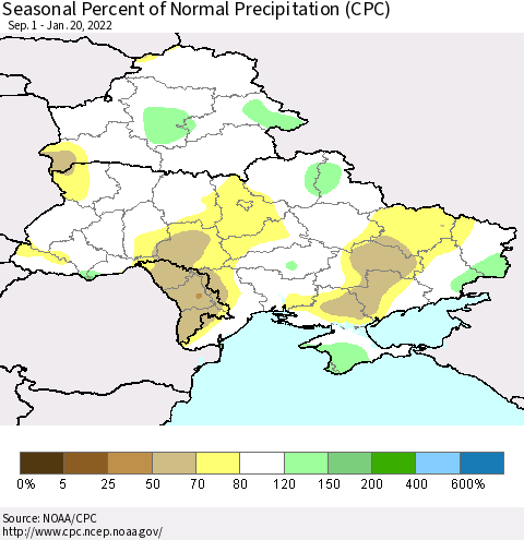 Ukraine, Moldova and Belarus Seasonal Percent of Normal Precipitation (CPC) Thematic Map For 9/1/2021 - 1/20/2022