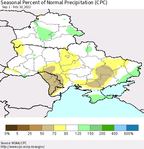 Ukraine, Moldova and Belarus Seasonal Percent of Normal Precipitation (CPC) Thematic Map For 9/1/2021 - 2/10/2022