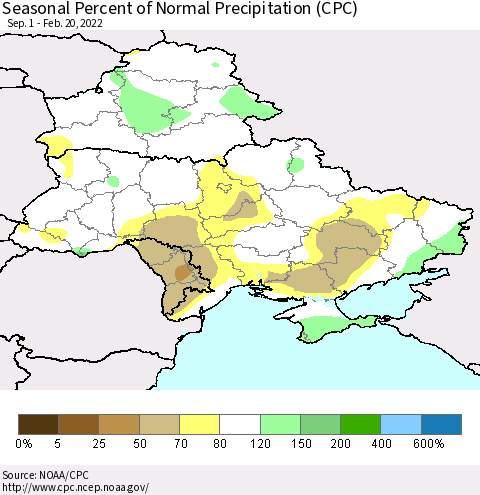 Ukraine, Moldova and Belarus Seasonal Percent of Normal Precipitation (CPC) Thematic Map For 9/1/2021 - 2/20/2022
