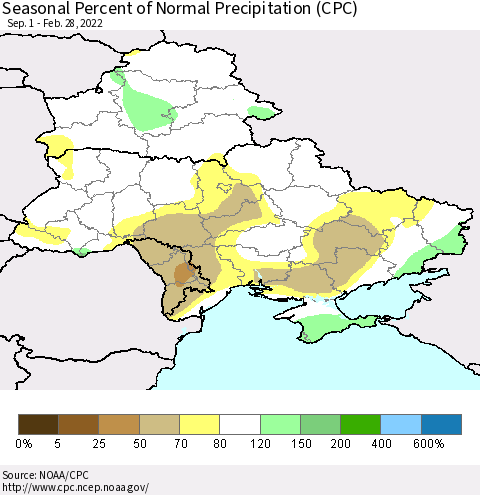 Ukraine, Moldova and Belarus Seasonal Percent of Normal Precipitation (CPC) Thematic Map For 9/1/2021 - 2/28/2022