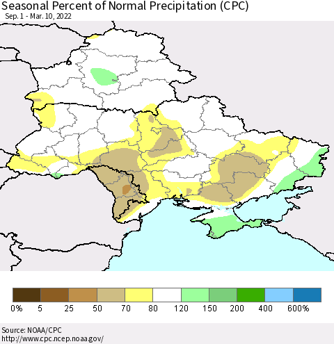 Ukraine, Moldova and Belarus Seasonal Percent of Normal Precipitation (CPC) Thematic Map For 9/1/2021 - 3/10/2022