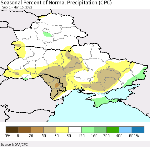 Ukraine, Moldova and Belarus Seasonal Percent of Normal Precipitation (CPC) Thematic Map For 9/1/2021 - 3/15/2022