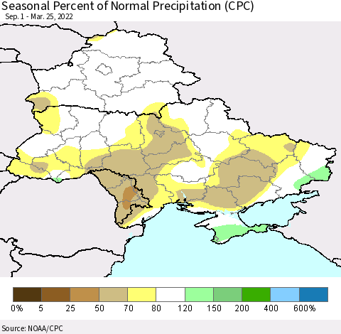 Ukraine, Moldova and Belarus Seasonal Percent of Normal Precipitation (CPC) Thematic Map For 9/1/2021 - 3/25/2022